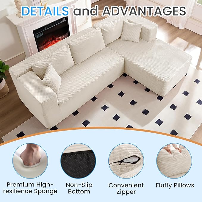 PUREMIND 106" White Cloud Sectional Couch Sectional Couches for Living Room, Corduroy L Shape Sofa with Deep Seat, Modular Boneless Foam Couch Corner Couches No Assembly Required
