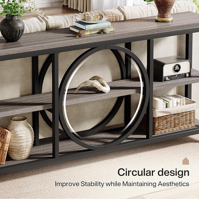 Tribesigns 70.9 Inch Extra Long Console Table for Entryway, Sofa Table Behind Couch with 3 Tier Wood Storage Shelves Industrial Metal Frame for Living Room Hallway Entryway, Black Rustic Gray