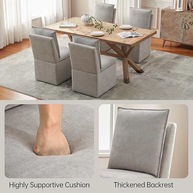 VKNOW Upholstered Dining Chairs Set of 4, Modern Rolling Chairs with Storage and Wheels, Linen Armless Chair with Cushion and Backrest, Dining Room Chairs for Living Room Kitchen Bedroom, Light Grey