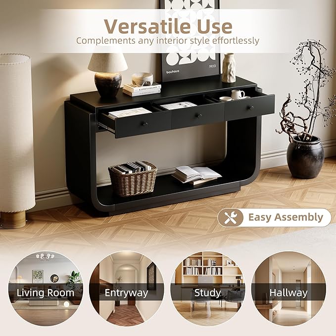 Merax 55" Entryway Table with 3 Drawers, Natural Wood Grain Finish Console Table with Fluted Design for Entryway and Living Room (Black)