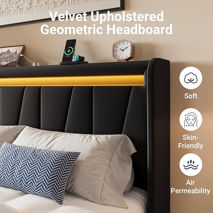 Allewie Queen Size LED Bed Frame with Charging Station, Velvet Upholstered Platform Bed with Geometric Wingback Headboard, Modern Frame with No Box Spring Needed, Easy Assembly, Black