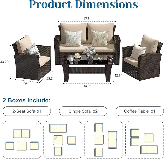 Solaste 4 Piece Patio Outdoor Furniture Sets,Patio Conversation Sofa Wicker Chair with Cushion,Hand Woven Rattan Sofa for Porch Backyard Outside Garden Lawn Yard,Brown