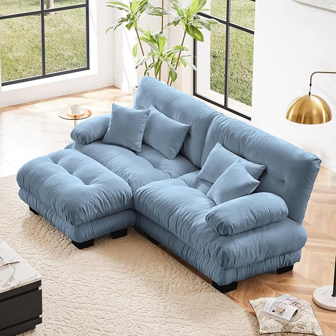94.4" Loveseat Sofa, 2 Seater Modular Sectional Sofa, Blue Large L Shaped Sectional Couches for Living Room, Fluffy Chenille Fabric Cloud Couch with Ottoman