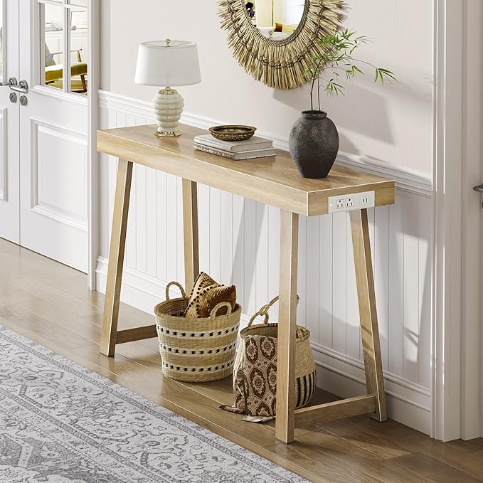 Huuger Entryway Console Table with Charging Station, USB-C Port, 47.2 Inch Sofa Table with Metal Legs, Entry Hallway Table with Thicker Desktop, Modern Behind Couch Table, Natural