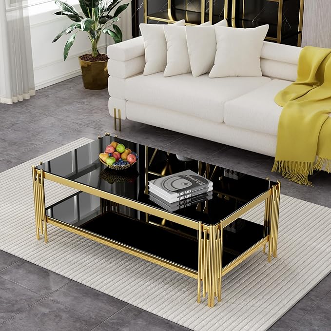 Goujxcy Modern Glass Coffee Table 47" Gold Center Table with Black Glass Top and Mirror Finish Stainless Steel Legs, Luxury Rectangular Coffee Table for Living Room Apartment (Gold)
