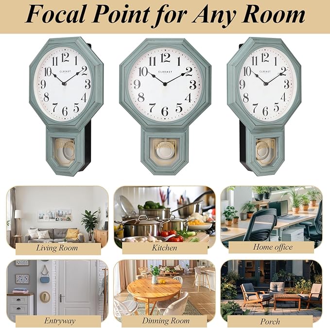 CLXEAST Pendulum Wall Clock, Schoolhouse Regulator Clock with Pendulum,Antique Aged Teal Green ABS Plastic,House Warming Gifts New Home,12" W x 17.5" H