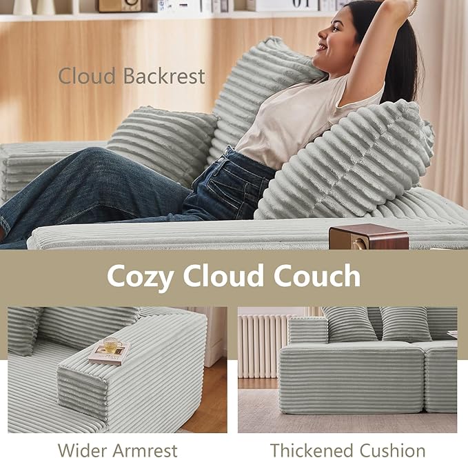 140" Sectional Cloud Couch for Living Room, Stupendous U Shaped Sofas, Modular Floor Deep-Seat Sofa, Big Comfy Corduroy Couches Set with Fluffy Memory Foam, No Assembly Required, Grey