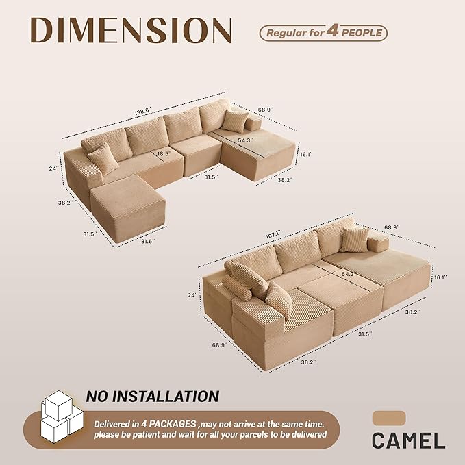 138" Boneless Couch with Deep Seat, Modular Sectional Sofa, Cloud Sectional Couch for Living Room, No Assembly Required, Corduroy, U-Shape 4 Seater Right, Camel