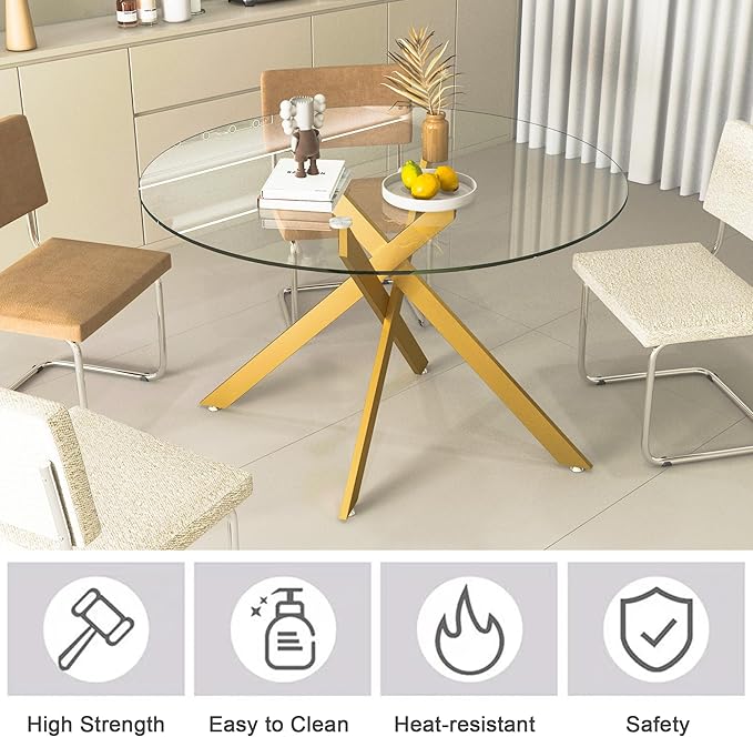Goujxcy Round Dining Table Set for 6, Modern Glass Kitchen Table and Chairs Set of 6, 7-Piece Dining Room Table Set w/47 Circle Gold Glass Dining Table and 6 Upholstered Velvet Chairs