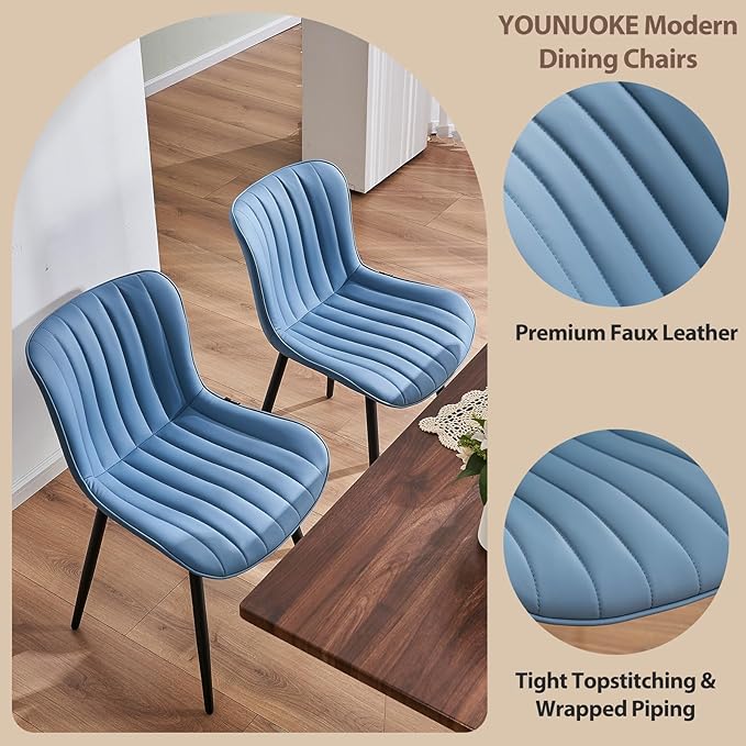 YOUNUOKE Mid-Century Modern Dining Chairs Set of 2, Blue PU Leather Upholstered Kitchen Chairs with Black Metal Legs, Armless Accent Chair for Dining Room, Guest Reception Room