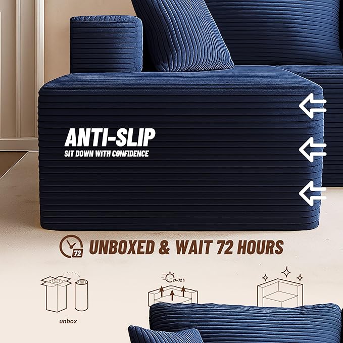 107" Boneless Couch with Deep Seat, Modular Sectional Sofa, Cloud Sectional Couch for Living Room, No Assembly Required, Corduroy, L-Shape Right?Blue