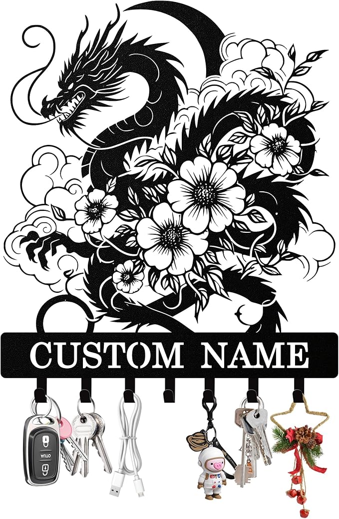 Personalized Key Holder Wall Mount, Custom Metal Dragon Keys Holder for Wall with Name, Wall Key Hanger Rack with Hooks for Entryway, Front Door, Living Room, Kitchen, Bathroom, Garden