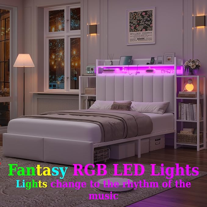 Keyluv Full LED Bed Frame with Storage Headboard & 2 Drawers, Upholstered Platform Bed with Charging Station & Bedside Storage Rack, Metal Slat Support, No Box Spring Needed, Velvet Fabric, White