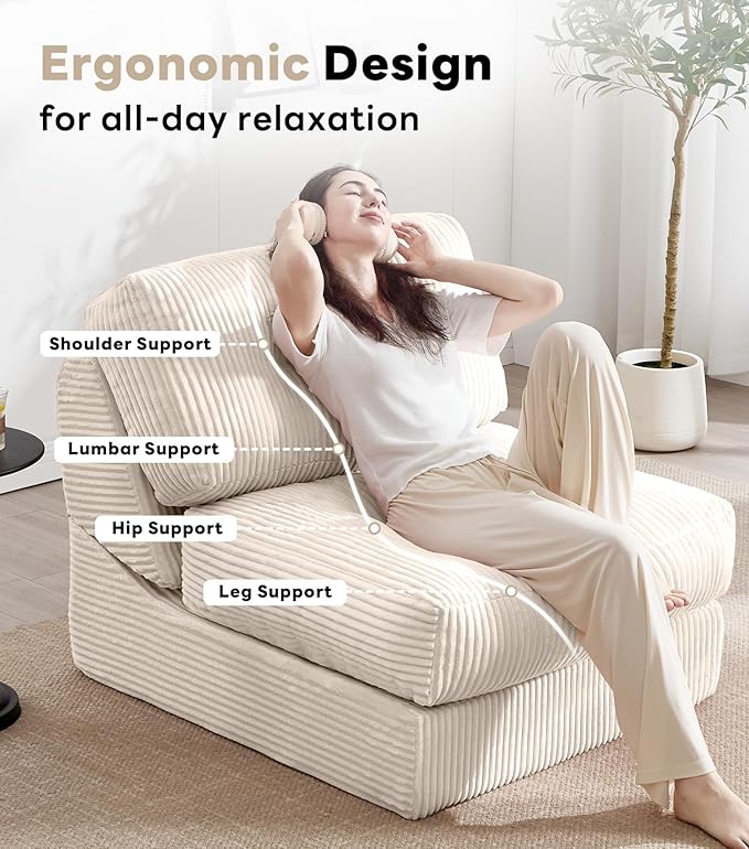 Tbfit 35.8‘’ Oversized Folding Sofa Bed, Convertible Sleeper Chair with Adjustable Back, Corduroy Folding Couch Bed, Portable & Foldable Mattress Boneless Floor Sofa for Living Room, Bedroom, White