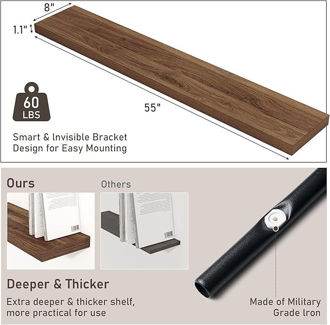 Fun Memories 55 Inch Long Floating Shelves for Wall, 8" Deep Floating Shelves for Bathroom Living Room Bedroom, Rustic Wall Mounted Shelf with Invisible Heavy-Duty Bracket, Set of 2, Walnut
