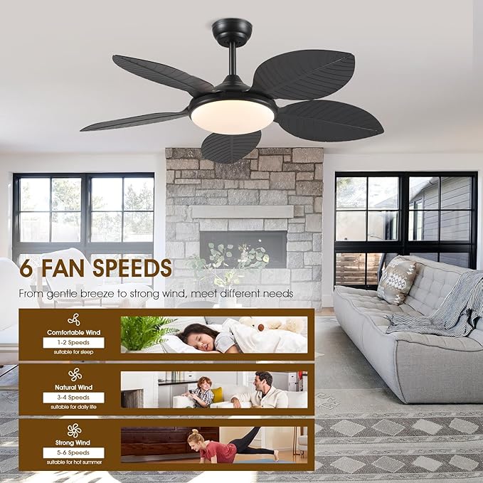 Ceiling Fans with Lights and Remote/APP Control, 48 Inch Tropical Ceiling Fan for Bedroom Living Room, Outdoor Palm Leaf Ceiling Fan for Patios Porch, Dimmable, 6 Speeds, Reversible, Black