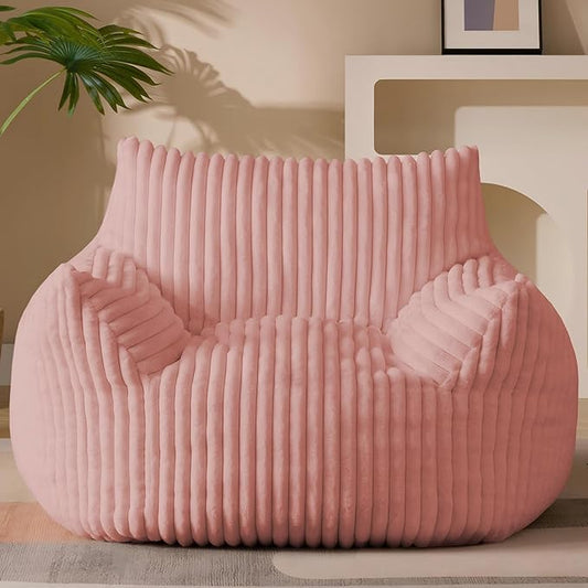 Giant Plush Bean Bag Chair for Adults with Armrests - Oversized Comfy Pink Beanbag Lounge Lazy Floor Sofa Accent Chair for Living Room, Bedroom & Dorm, Cozy Fluffy Single Cloud Mini Couch