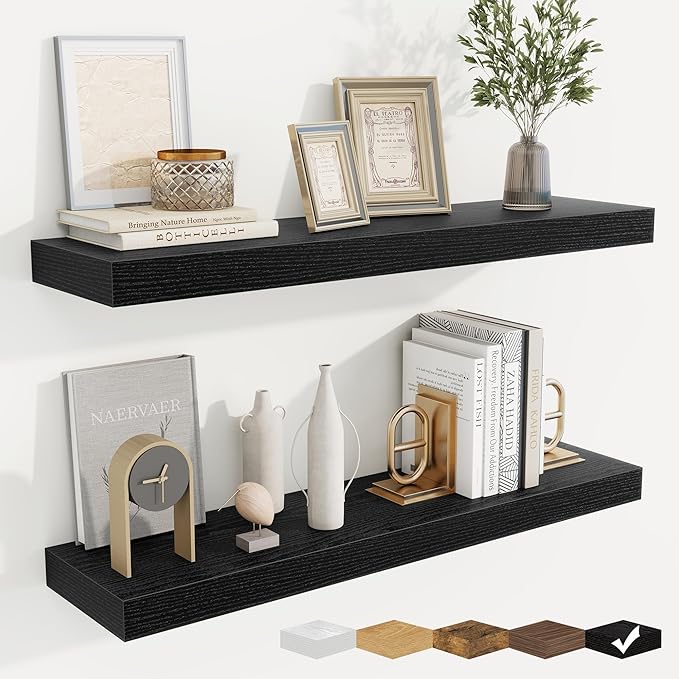 fuqing Floating Shelves for Wall, Wall Mounted Wood Floating Shelf with Invisible Brackets for Living Room, Bathroom, Bedroom, Kitchen Storage and Decor, 32 Inch Set of 2, Black