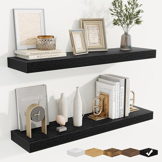 fuqing Floating Shelves for Wall, Wall Mounted Wood Floating Shelf with Invisible Brackets for Living Room, Bathroom, Bedroom, Kitchen Storage and Decor, 32 Inch Set of 2, Black
