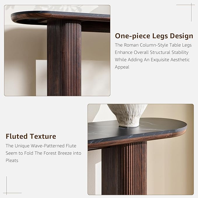 OKD 63 Inch Modern Console Table with Arc Marble Texture Top, Fluted Wood Base, Contemporary Entryway Sofa Table for Living Room, Hallway, Foyer, Dark Walnut