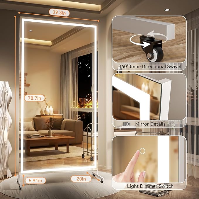 Hasipu Home Gym Mirror with Light 360° Swivel on Wheels, 79" x 40" Extra Large Full Length Rolling LED Mirror for Yoga Studio, Bedroom, Dancing Studio, White