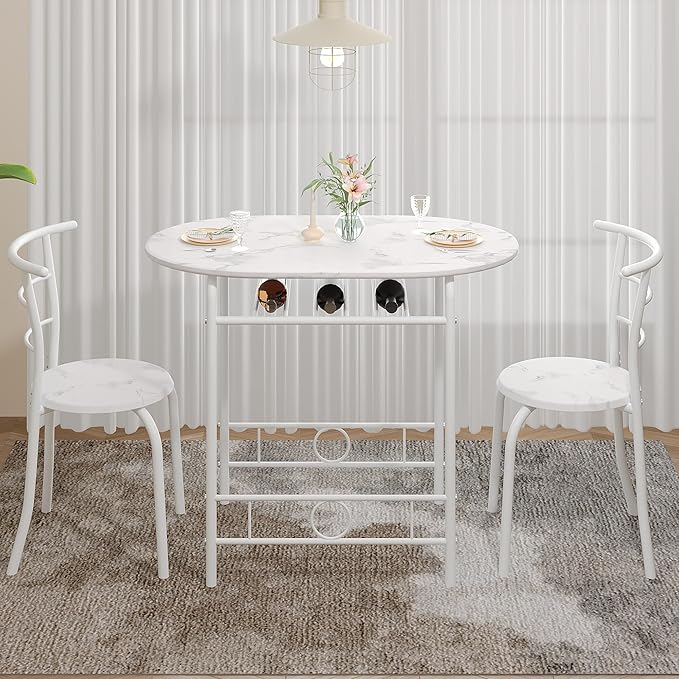 VECELO 3-Piece Dining Table Set for Kitchen Breakfast Nook, Faux Marbled Oval Tabletop and Metal Frame with Built-in Wine Rack, for Small Spaces, White