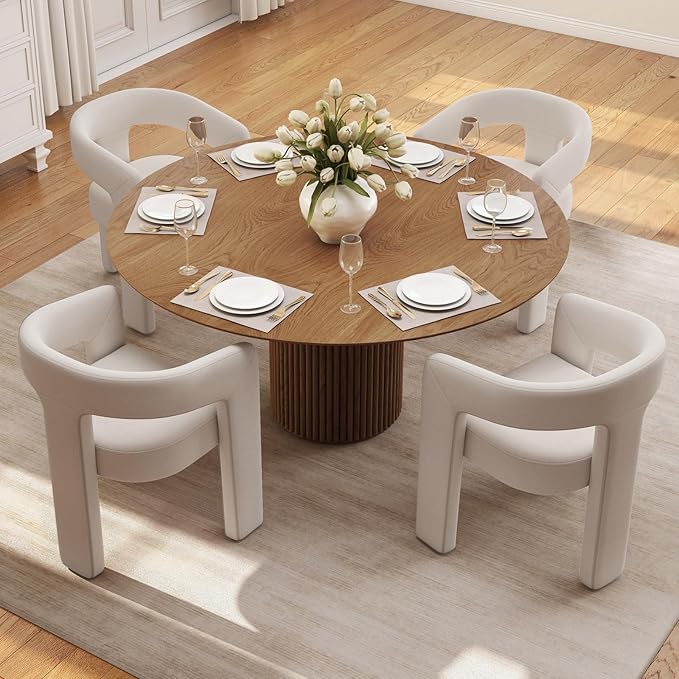 Set of 4 Modern Linen Fabric Upholstered Dining Chairs with Open-Back, Cute Barrel Side Chairs Kitchen Armchair Accent Chairs for Dining Room Bedroom, Ivory