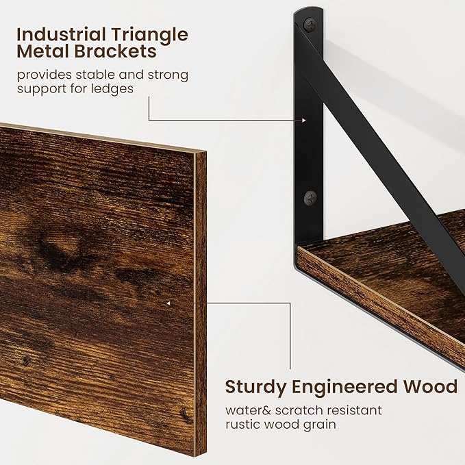 Fun Memories Floating Shelves for Wall, 12 Inch Deep Floating Shelves Set of 2, 48W x 12D Large Wall Shelf with Sturdy Metal Brackets for Living Room, Bathroom, Bedroom and Kitchen, Rustic Brown