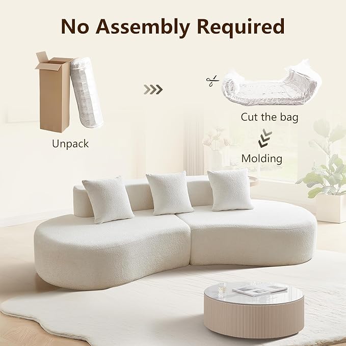 109'' Curved Couch, Mid Century Modern Half Moon Sofa, Luxury 3-Seat Couch with High-Density Foam Filled, Raindrop Velvet Fabric Sectional Sofa for Living Room, Apartment, Office, White