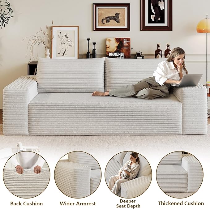 71" Boneless Loveseat Sofa - Cloud Couch with Memory Foam, Comfy Deep Seat - Corduroy Floor Sofa, No Assembly Required - Small Space Friendly for Living Room, Bedroom, Apartment, White