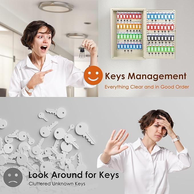 ORIENTOOLS Key Box Steel Key Safe Cabinet, Wall Mount Key Holder Lock Box with Key Tags, Key Organizer Ideal for Home, Hotels, Valets and Office Key Storage (64 Keys, White)
