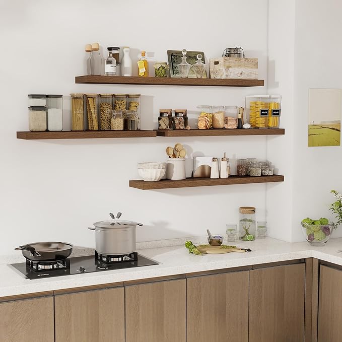 Fun Memories 48 Inch Floating Shelves for Wall 8 Inch Deep Walnut Shelves Set of 2, Wall Mounted Rustic Wood Long Floating Shelf, Large Display & Storage Shelf with Invisible Brackets