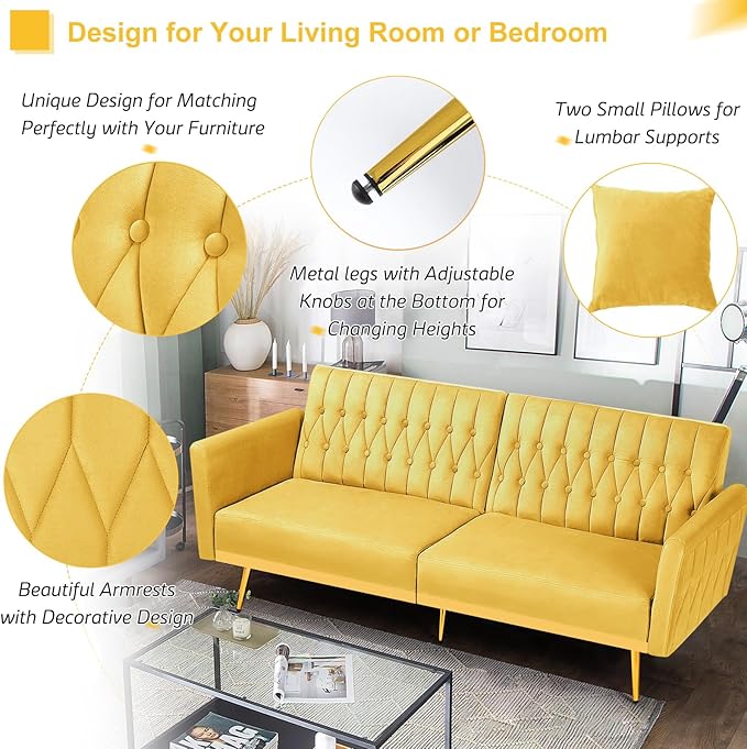 70” Velvet Futon Sofa Bed w/Adjustable Armrests & 2 Pillows, Convertible Futon Couch w/Adjustable Backrests, Modern Sleeper Bed for Living Room, Bedroom, Yellow