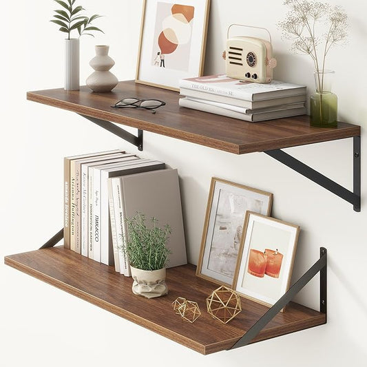 12 Inch Deep Floating Shelves, 30W x 12D Wall Shelves with Brackets, Walnut Floating Shelves 30 Inch Long, Rustic Wood Wall Shelf, Wide Storage Display Shelf for Kitchek, Living Room, Bathroom