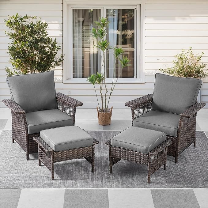 4 Pieces Wicker Patio Furniture Set - Hollow Widen Armrests Comfy Outdoor Rattan Chairs with Ottomans, Small Patio Convention Set for Balcony Porch Deck and Yard - Brown/Gray