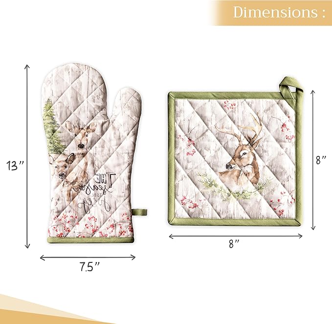 Maison d' Hermine 100% Cotton Oven Mitt & Pot Holder Set (7.5"x13" & 8"x8") Heat Resistant BBQ Cooking Gloves with Loop for Thanksgiving Christmas Decorations Handling Hot Pans (Mountain Life)