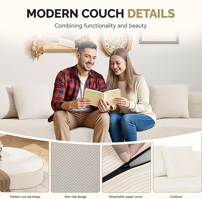 128" Oversized Modern Curved Sofa,Boneless Cloud Sectional Couch with Deep Seat,No Assembly Required Corduroy Couches for Living Room,Beige,1 PCS