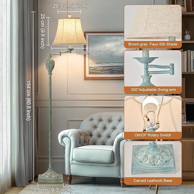 Traditional LED Floor Lamp with 350° Adjustable Swing Arm Lamp – Vintage Standing Pole lamp for Living Room, Bedroom and Office – Rustic Upright Floor Light for Home Décor with Faux Silk Fabric Shade