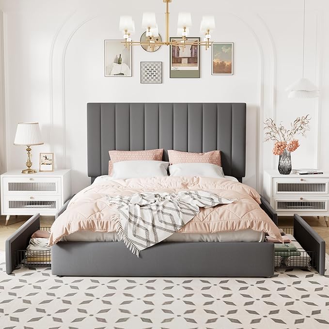 Allewie Full Size Storage Bed Frame, Vertical Channel Tufted Adjustable Headboard, Velvet Upholstered Platform Bed with 4 Oversized Underbed Drawers, Wooden Slats Support, No Box Spring Needed, Grey
