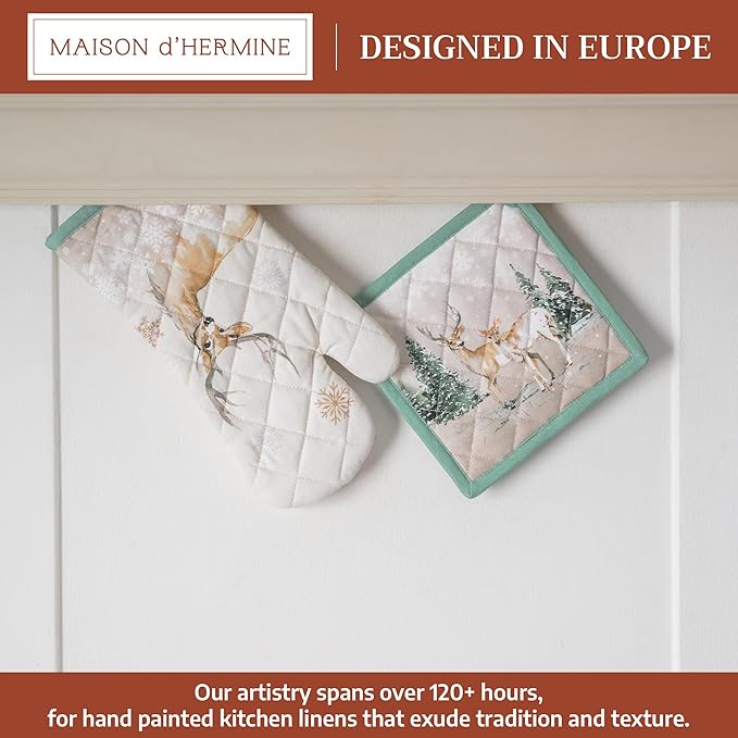 Maison d' Hermine 100% Cotton Oven Mitt & Pot Holder Set (7.5"x13" & 8"x8") Heat Resistant BBQ Cooking Gloves with Loop for Thanksgiving Christmas Decorations Handling Hot Pans (Deer in The Woods)