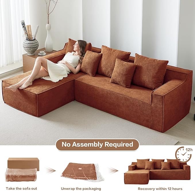 101" Orange Couch for Living Room,Boneless Couch No Assembly Required,Comfy Couches with Oversized Chaise,Compressed Sofa for Any Room,Modern Sofa-Velvet