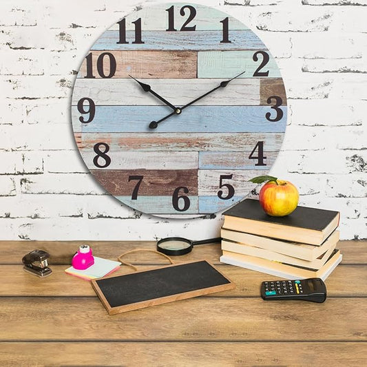 24 Inch Blue Woodgrain Shiplap Wall Clocks for Living Room Decor, Large Farmhouse Wall Clock,Coastal Beach Nautical Style,House Warming Gifts New Home
