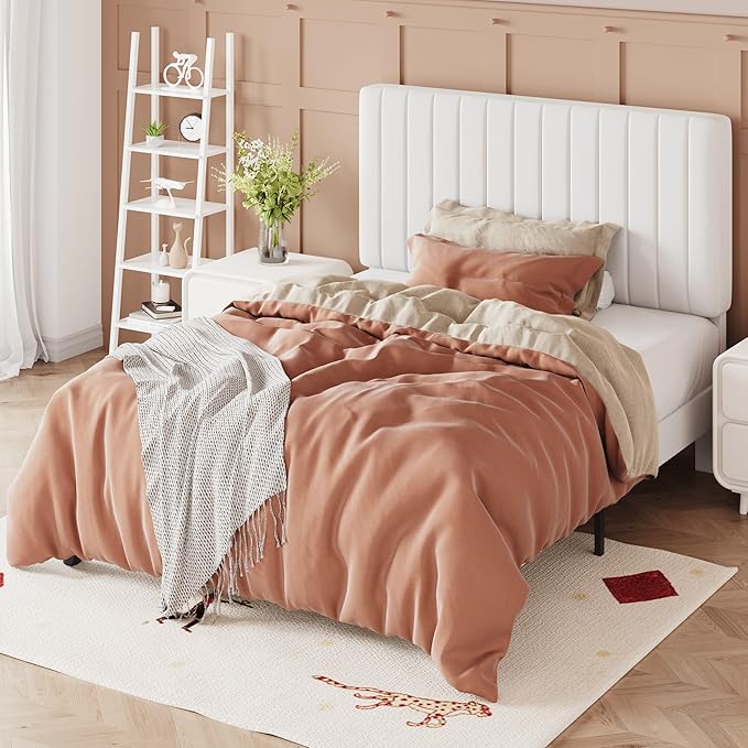 Allewie Twin Bed Frame, Velvet Upholstered Platform Bed with Adjustable Vertical Channel Tufted Headboard, Mattress Foundation with Strong Wooden Slats, Box Spring Optional, Easy Assembly, Off-White