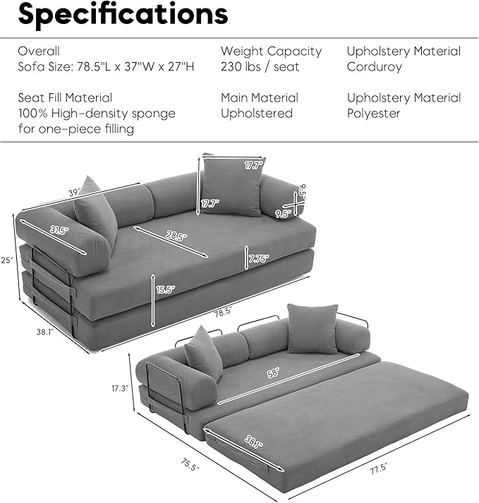 Convertible Sleeper Sofa Bed with Cylindrical Pillow, Corduroy Folding Mattress Couch with Fixed-Shape Frame, Floor Sofa Lounge Couch for Living Room Bedroom Lounge Studio-Grey