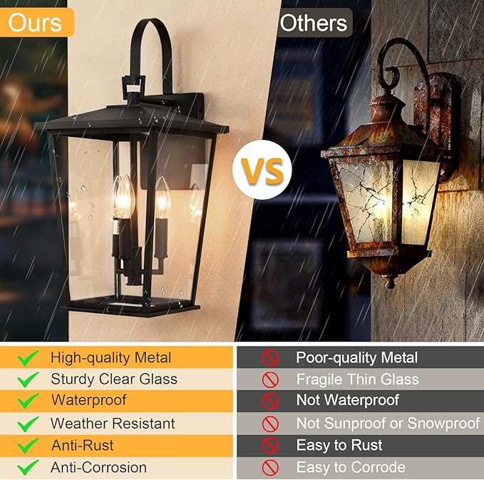 Kalium Modern Outdoor Wall Sconce Fixture 20 1/2", Matte Black, 3-Light Exterior Wall Mount Lighting with Clear Glass Panels for House Porch Patio Outside Deck Garage Yard Front Door Garden Home