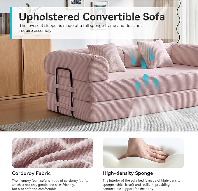 Compression Sofa, Cloud Sectional Sofa,Sofa Bed, Boneless Modular Sectional Sofa with 2 Pillow, Comfy Fluffy Couch with Futon Bed, Perfect for Living Room, Small Space (Pink)