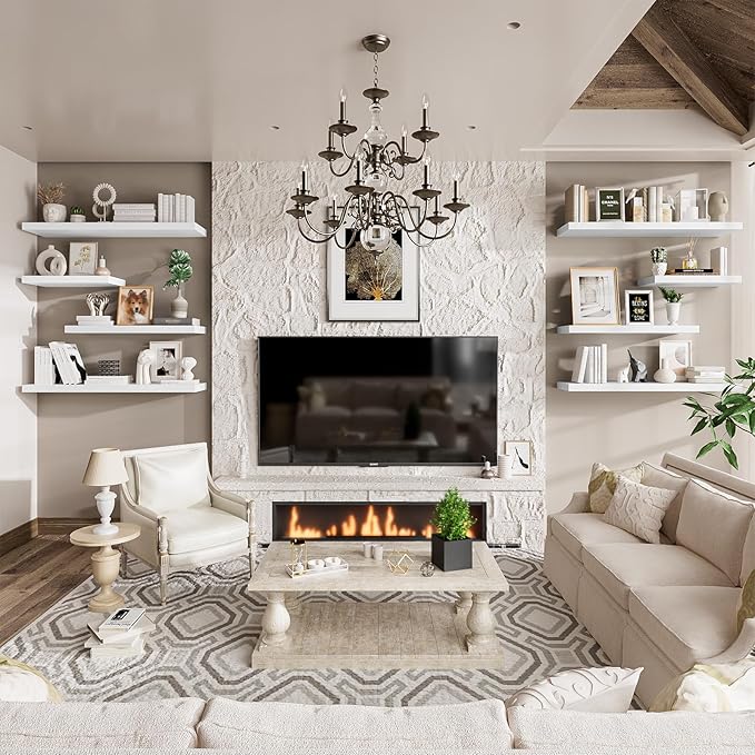 Heimlove 36 Inch Long Floating Shelf for Wall, 12" Deep White Floating Shelves Shelves for Bedroom Living Room Bedroom, Mounted Shelves for Storage Book Decor, Set of 2