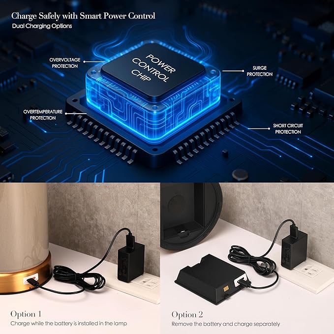 O’Bright Dune - Battery Powered Table Lamp, Rechargeable Cordless Ceramic Lamp, Full-Size 19.5 Inch Height, Dimmable, Smart Safety Protection, Type-C Fast Charging, LED Bulb Included, Stone Grey