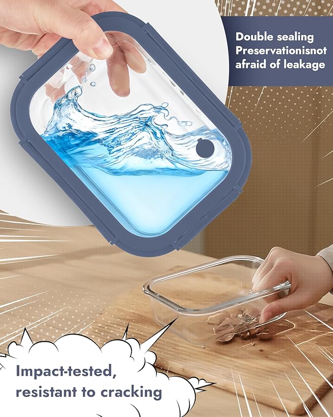 12-Pack Glass Containers with Tempered Lids – Borosilicate, Oven-Safe, Airtight, BPA-Free, Multi-Size for Meal Prep, Dishwasher Safe (Blue)