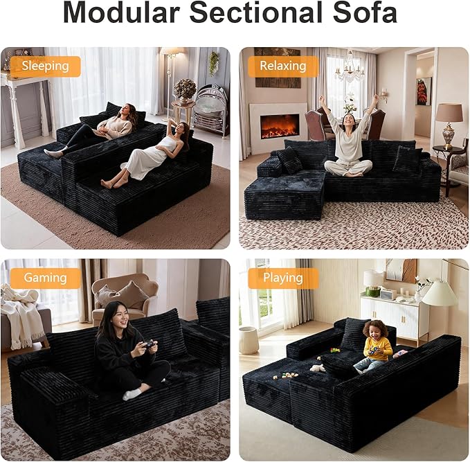 106'' Boneless Couches for Living Room, L Shaped Modular Sectional Sofa with Chaise Lounge, Faux Rabbit Fur & Layered Cushion Deep Seat Cloud Couch, No Assembly (Black, Left Facing Chaise)